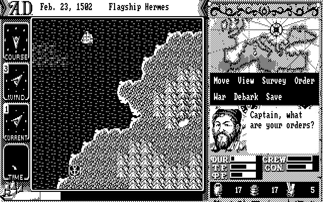 Uncharted Waters (DOS) screenshot: Off the coast of Portugal (CGA)