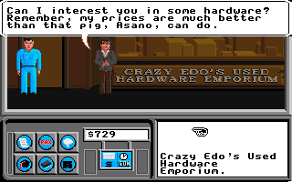 Neuromancer (Apple IIgs) screenshot: Crazy Edo's store. He looks crazy alright.
