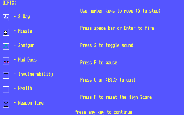Mustang (DOS) screenshot: keys and power-ups