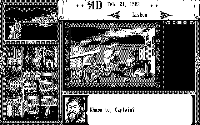 Uncharted Waters (DOS) screenshot: Ready to begin my adventure (CGA)