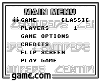 Centipede (Game.Com) screenshot: Main Menu