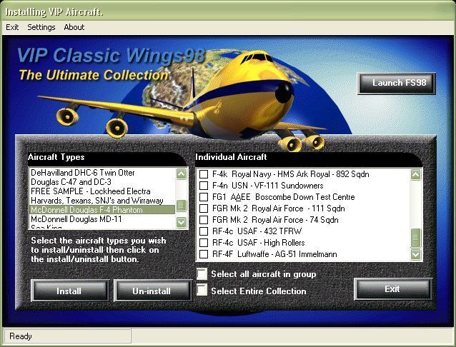 VIP Ultimate Classic Wings: The Collection (Windows) screenshot: This screen shot shows the screen which is displayed when the CD is loaded. From this menu the player selects the plane(s) to be installed.