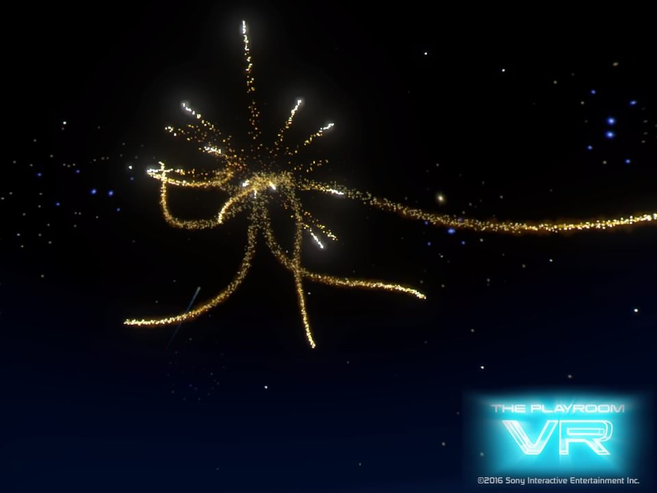 The Playroom VR (PlayStation 4) screenshot: You fire the main menu from your controller and options appear in a fireworks style