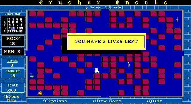 Crusher Castle II (DOS) screenshot: I died in room 18, but I have two more lives.