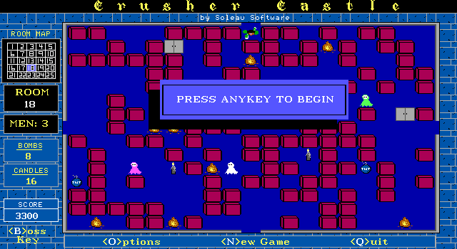 Crusher Castle II (DOS) screenshot: Room no.18, the preview before starting; the rooms are randomly filled with boxes etc. each time you enter, sometimes it's wise to leave before getting attacked, if there is no close cover to hide.