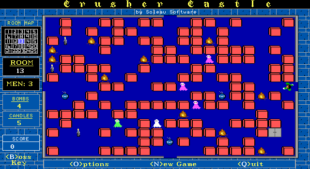 Crusher Castle II (DOS) screenshot: The first room (no.13). You are the green thing at the center right side - a top down view of a man walking; while all other objects are side-view images.