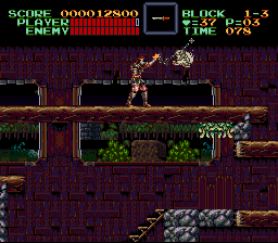 Super Castlevania IV (SNES) screenshot: When you hold down the action button, the whip can be moved freely and in any direction.