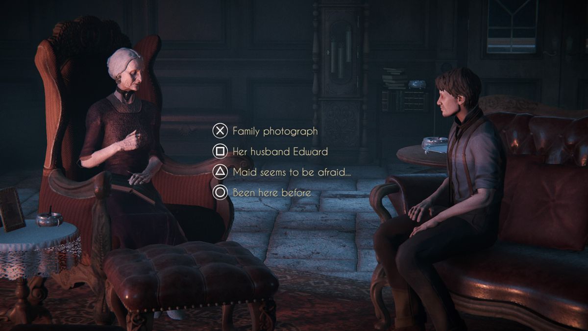 Black Mirror (PlayStation 4) screenshot: Talking to your grandmother by the fireplace