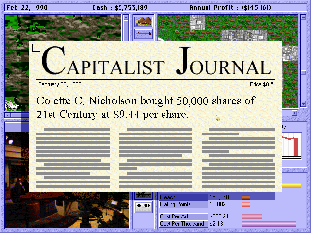Capitalism (DOS) screenshot: Breaking news - displayed traditionally (for this game genre) as newspaper