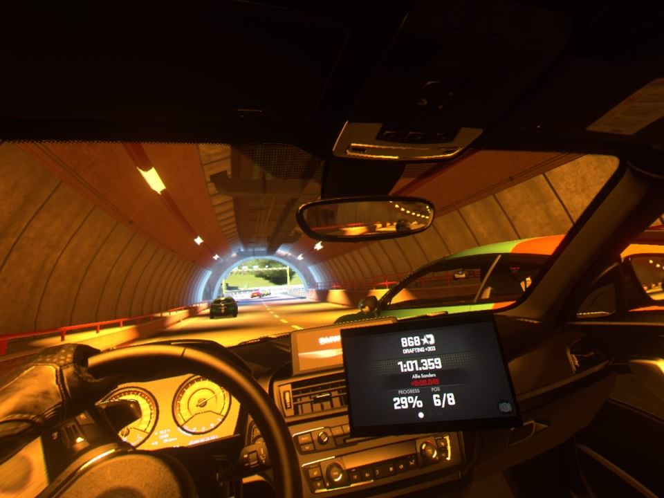 Driveclub VR (PlayStation 4) screenshot: Passing through the tunnel while dueling for the 5th position