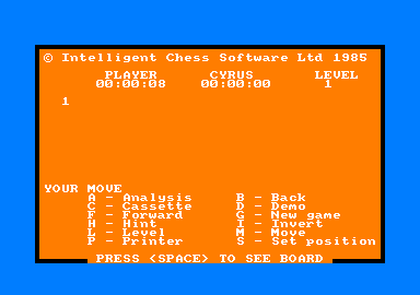 Cyrus II Chess (Amstrad CPC) screenshot: Main menu