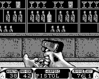 Duke Nukem 3D (Game.Com) screenshot: Reloading to find out if you can shoot these bottles. I won't spoil it for you.