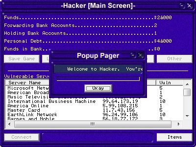 Hacker (Windows) screenshot: Popup Pager welcoming you