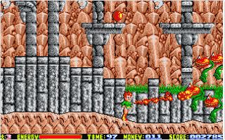 Son Shu-Shi (Atari ST) screenshot: Son Shu-Shi can shoot with his ring in order to produce flames of fire