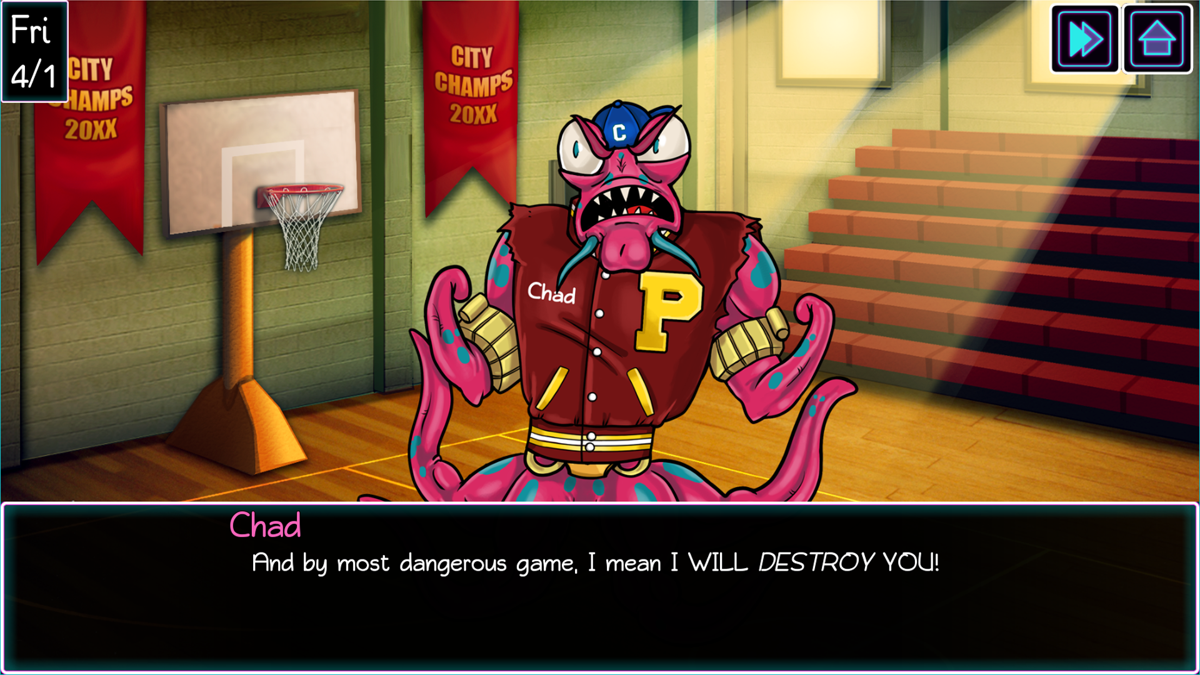 Panic at Multiverse High! (Windows) screenshot: Gym - featured character: Chad (your rival and antagonist)