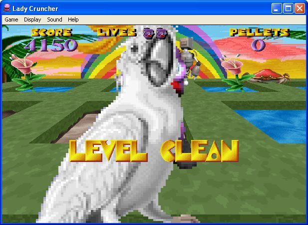 Lady Cruncher (Windows) screenshot: This is the screen that's shown when all pellets have been consumed - shame the parrot got in the way