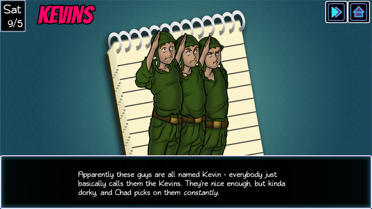 Panic at Multiverse High! (Windows) screenshot: Address Book feature (shown: The Kevins)