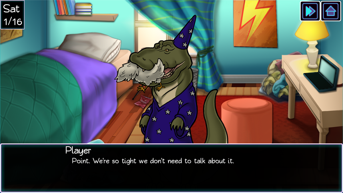 Panic at Multiverse High! (Windows) screenshot: Player Home - featured character: MagiGator