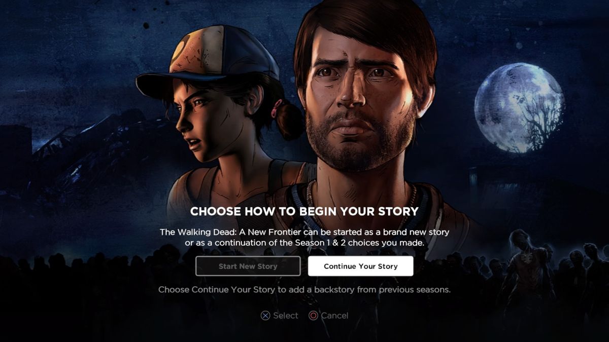 The Walking Dead: A New Frontier - Episode 1: Ties That Bind Part One (PlayStation 4) screenshot: You can start new game or continue the story on your choices from previous two seasons