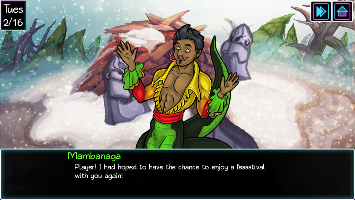 Panic at Multiverse High! (Windows) screenshot: Holiday (Midwinter) - featured character: Mambanaga