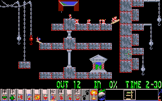 Xmas Lemmings (DOS) screenshot: Oops, is it an indoor holiday level? No, it's one of the levels taken directly from <i>Oh No! More Lemmings</i>.