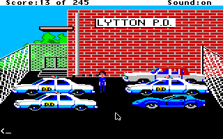 Police Quest: In Pursuit of the Death Angel (Apple IIgs) screenshot: Lytton PD parking lot.