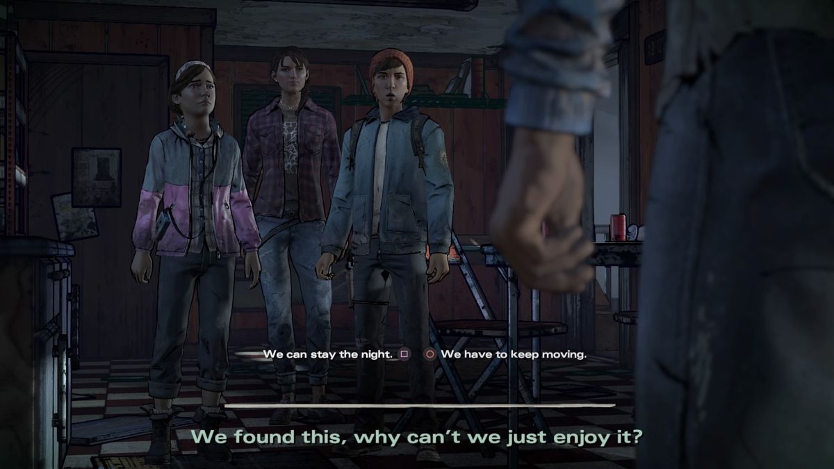 The Walking Dead: A New Frontier - Episode 1: Ties That Bind Part One (PlayStation 4) screenshot: Nope, we're not going to stay here for certain