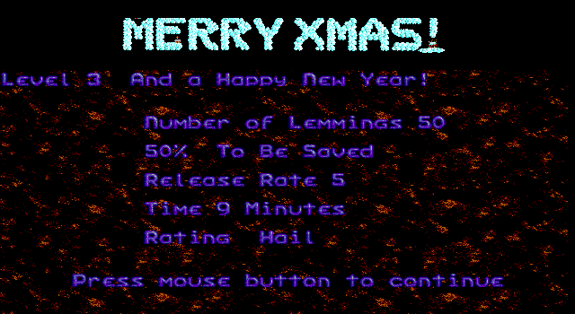 Holiday Lemmings (DOS) screenshot: Create a path all the way from the "M" to the exclamation sign