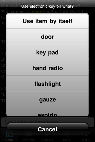 The Things that Go Bump in the Night (iPhone) screenshot: A handy selection list for potential noun-noun combinations.