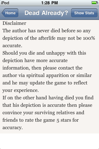 Dead Already? (iPhone) screenshot: A disclaimer by the author