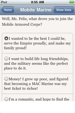 Mobile Armored Marine (iPhone) screenshot: As with everything else in these Choice of Games, we work out our background by picking items from lists.