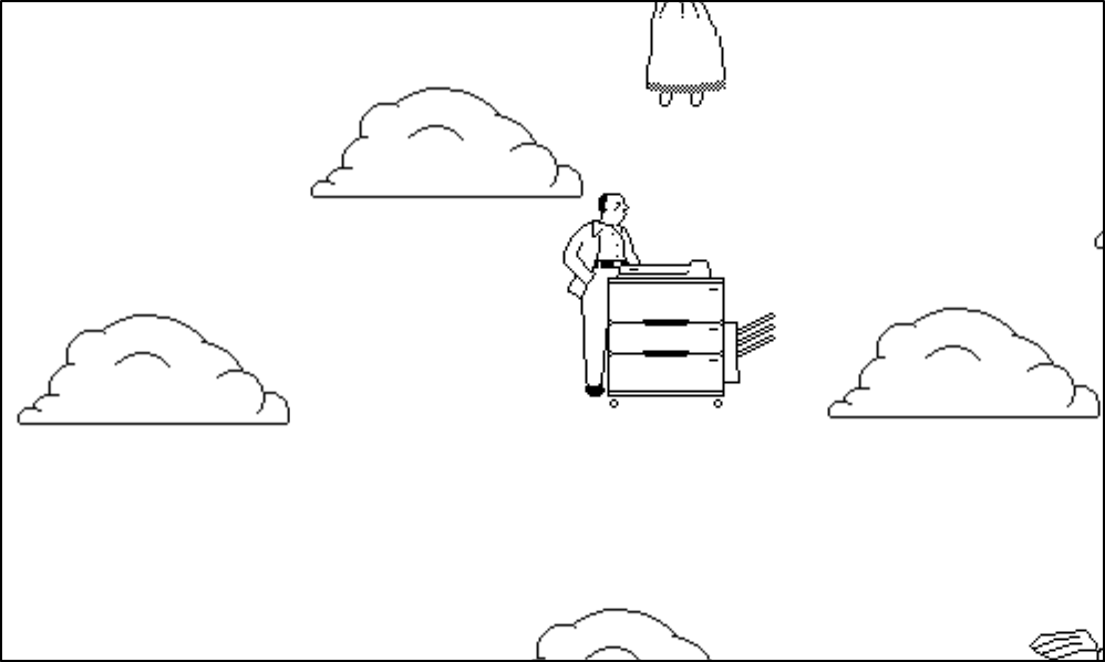 Fly Guy (Browser) screenshot: The photocopier snaps him back to reality and brings him back to the ground, but he can always start daydreaming again.
