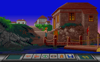 Eternam (DOS) screenshot: You can board the ferry only if you have permission from both barons