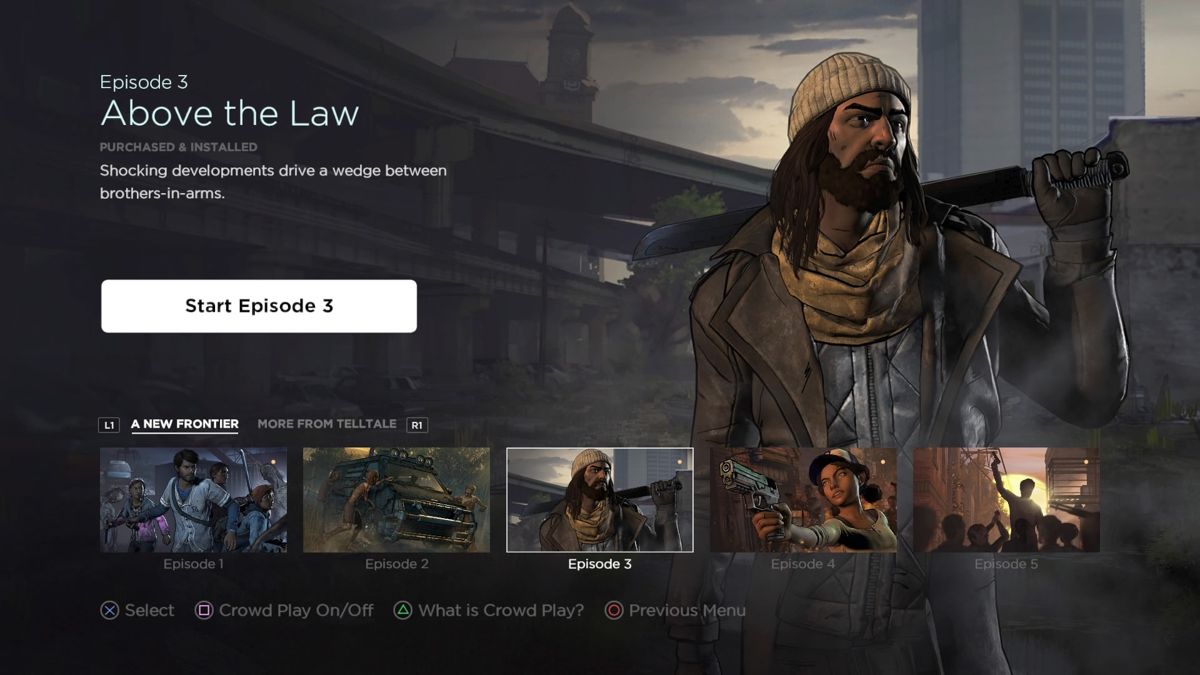 The Walking Dead: A New Frontier - Episode 3 (PlayStation 4) screenshot: Episode 3 select screen