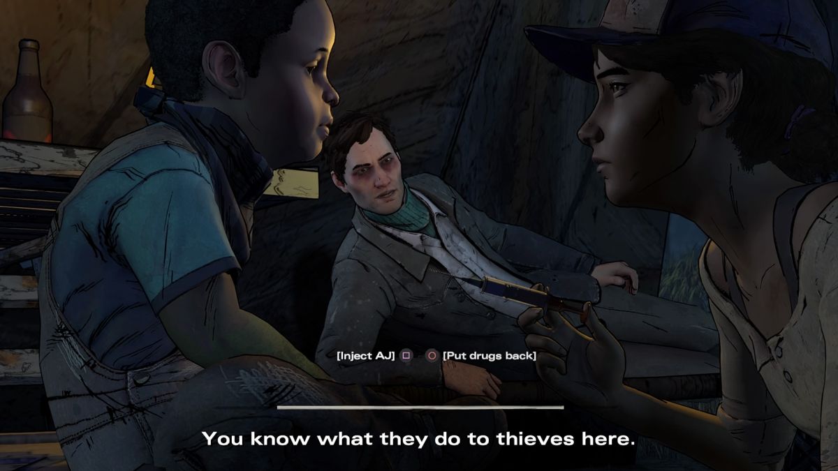 The Walking Dead: A New Frontier - Episode 3 (PlayStation 4) screenshot: Stealing the medicine to save AJ