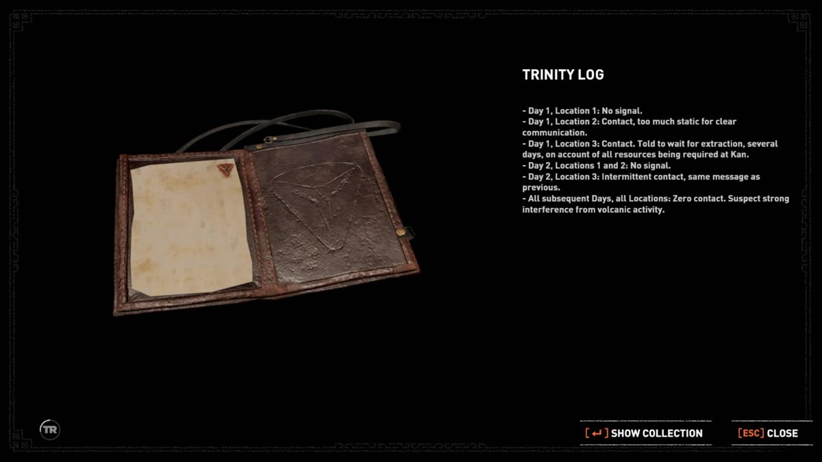 Shadow of the Tomb Raider: The Grand Caiman (Windows) screenshot: A log of Trinity's activity