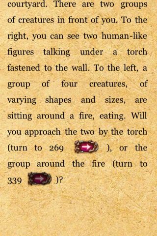 Fighting Fantasy: Citadel of Chaos (iPhone) screenshot: The paragraphs end in options presented to the player with exclusive icons next to them.