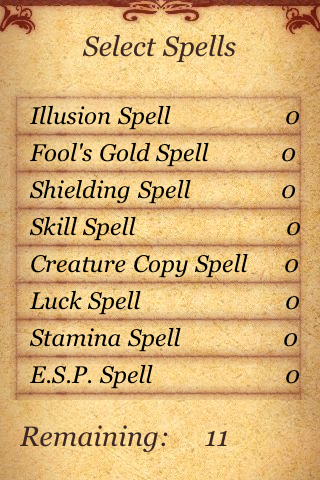 Fighting Fantasy: Citadel of Chaos (iPhone) screenshot: Pick your spells! Some of them are more useful than others.