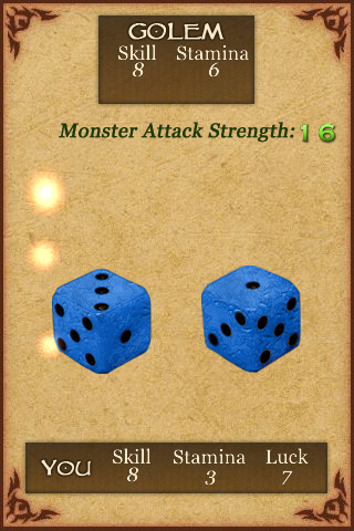 Fighting Fantasy: Citadel of Chaos (iPhone) screenshot: The monster also rolls! I know, how often in games is blue associated with the opponent and not the player?