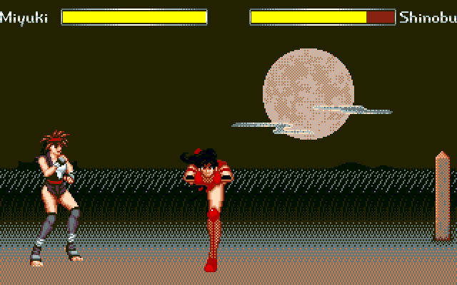 The Queen of Duellist (PC-98) screenshot: ...and the first battle. She performs an elaborate dance :)