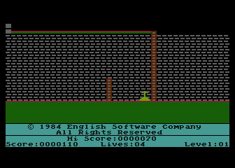 The Adventures of Robin Hood (Atari 8-bit) screenshot: It was such a powerful kiss that on the way back, Robin Hood lost his balance and flew head-on to the ground. Poor Robin...