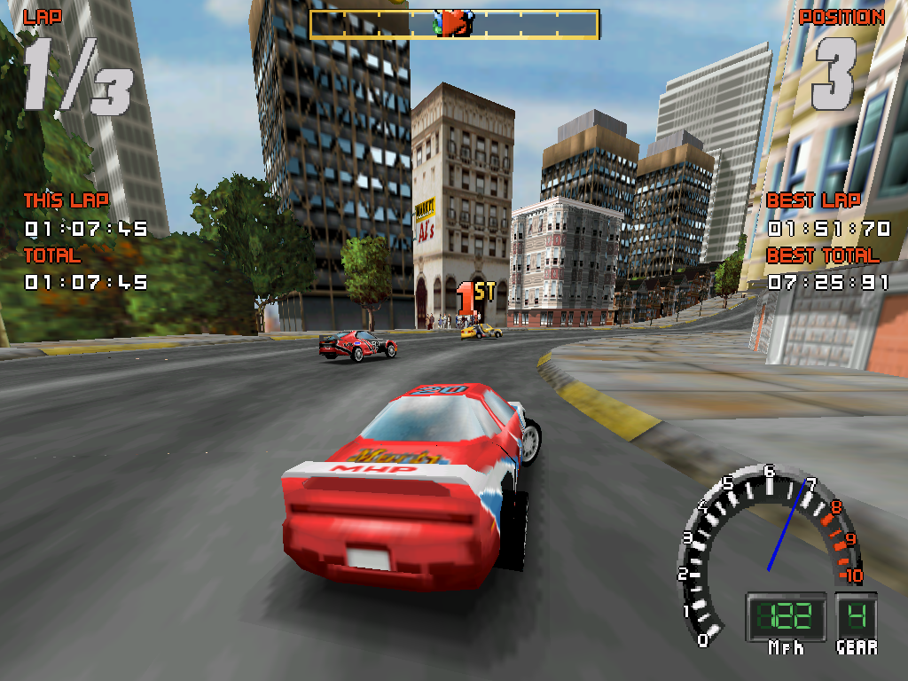 Screamer 2 (Windows) screenshot: The 3dfx version can be configured to run at practically any resolution, in this case, 1024x768 (GOG.com release w/ DOSBox and nGlide).