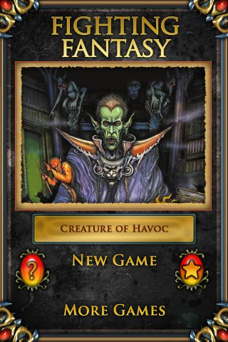 Fighting Fantasy: Creature of Havoc (iPhone) screenshot: Start menu