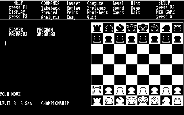 Psion Chess (DOS) screenshot: Playing chess in 2D-board mode