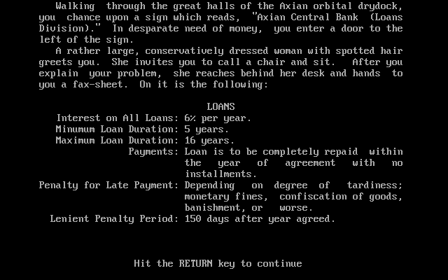 Universe (DOS) screenshot: You need a loan to begin the game