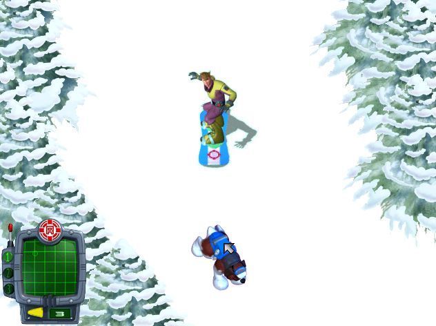 Rescue Heroes: Meteor Madness (Windows) screenshot: Al Pine's boarding down an alpine slope ends when he finds Wind Chill. This is followed by another 'Please Wait' screen while the next part loads.