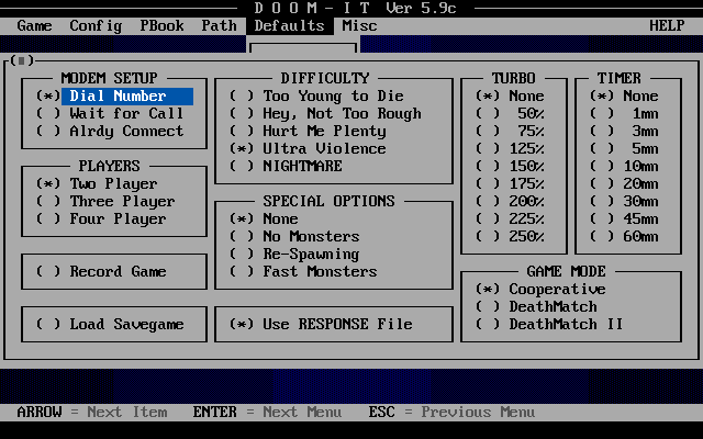 Master Levels for Doom II (DOS) screenshot: DOOM-IT Options screen. Allows you to further customize your Master Levels gameplay.