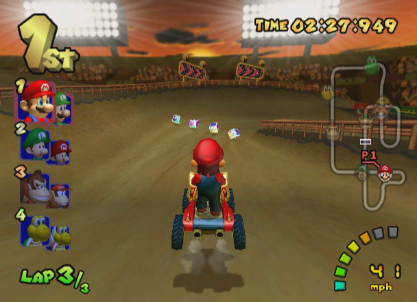 Mario Kart: Double Dash!! (GameCube) screenshot: Gameplay on Waluigi Stadium.
