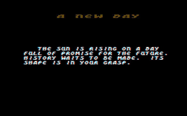 The Seven Cities of Gold (PC Booter) screenshot: A New Day. (CGA with composite monitor)