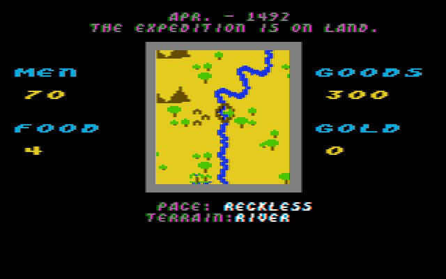 The Seven Cities of Gold (PC Booter) screenshot: Exploring the New World. (CGA with composite monitor)
